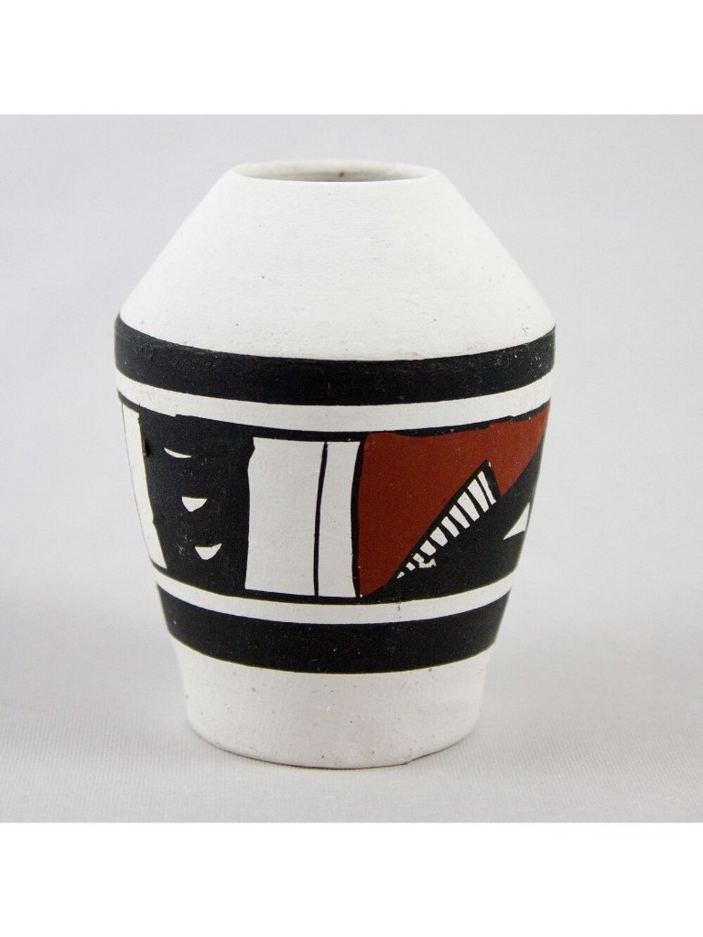 Small Southwest Pueblo-Style Hand Painted Pottery Vase Black White Red Signed 3"